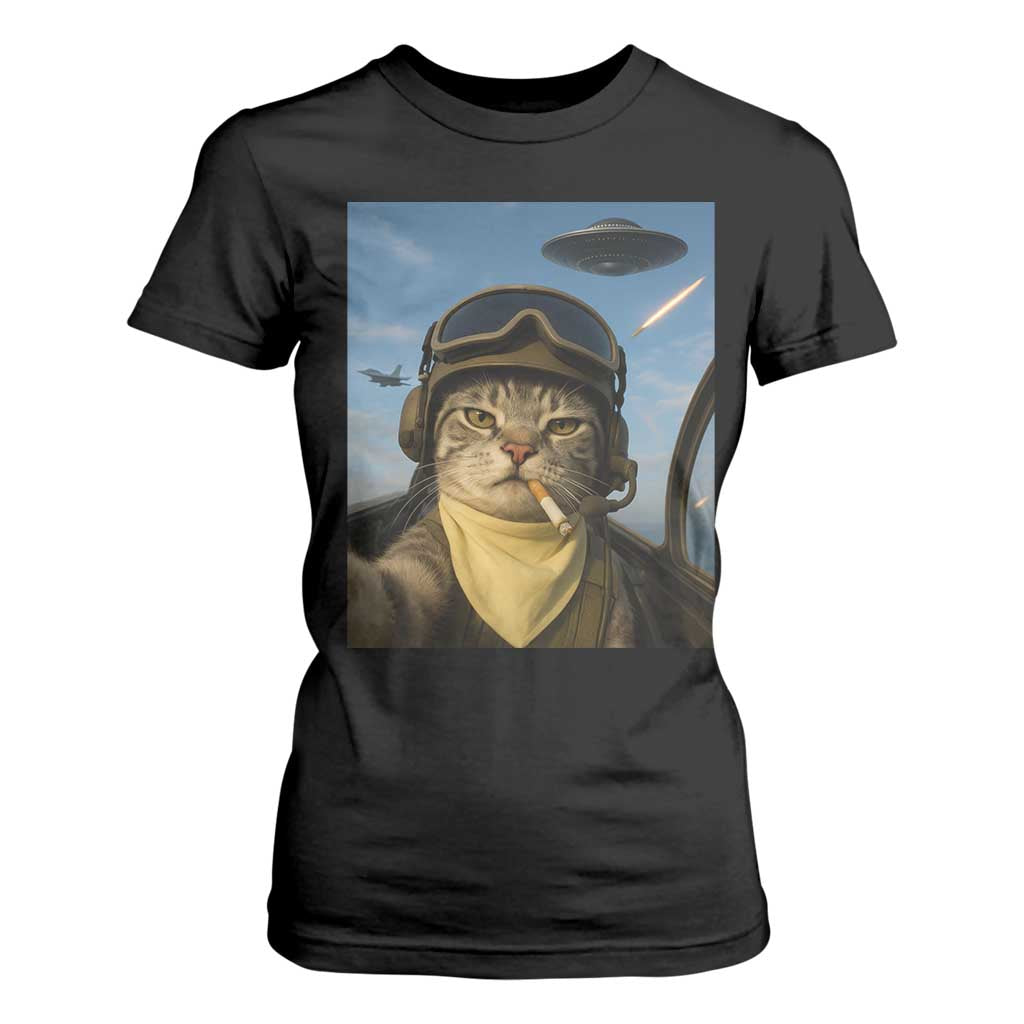 Cat Selfie With Alien UFO T Shirt For Women Retro Space Sci-Fi Cat Pilot TS10 Black Print Your Wear