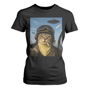 Cat Selfie With Alien UFO T Shirt For Women Retro Space Sci-Fi Cat Pilot TS10 Black Print Your Wear