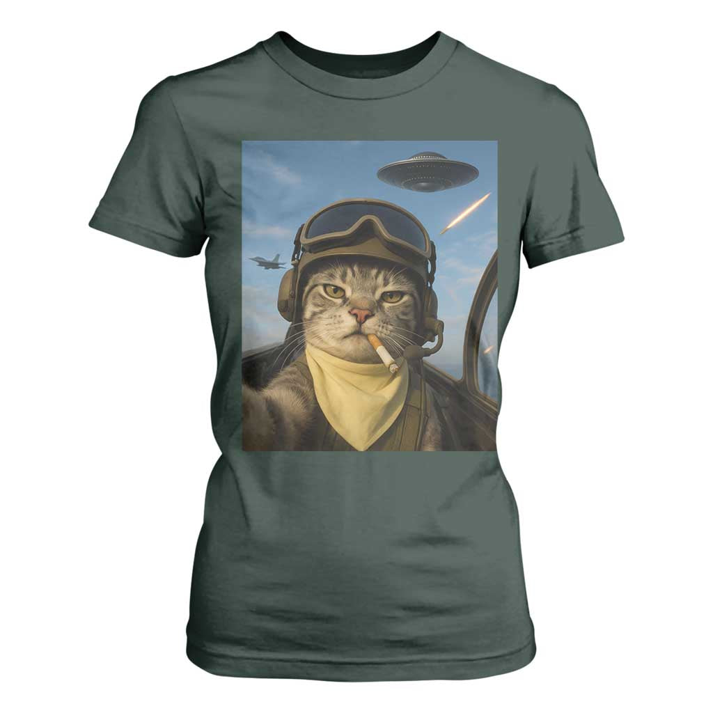 Cat Selfie With Alien UFO T Shirt For Women Retro Space Sci-Fi Cat Pilot TS10 Dark Forest Green Print Your Wear