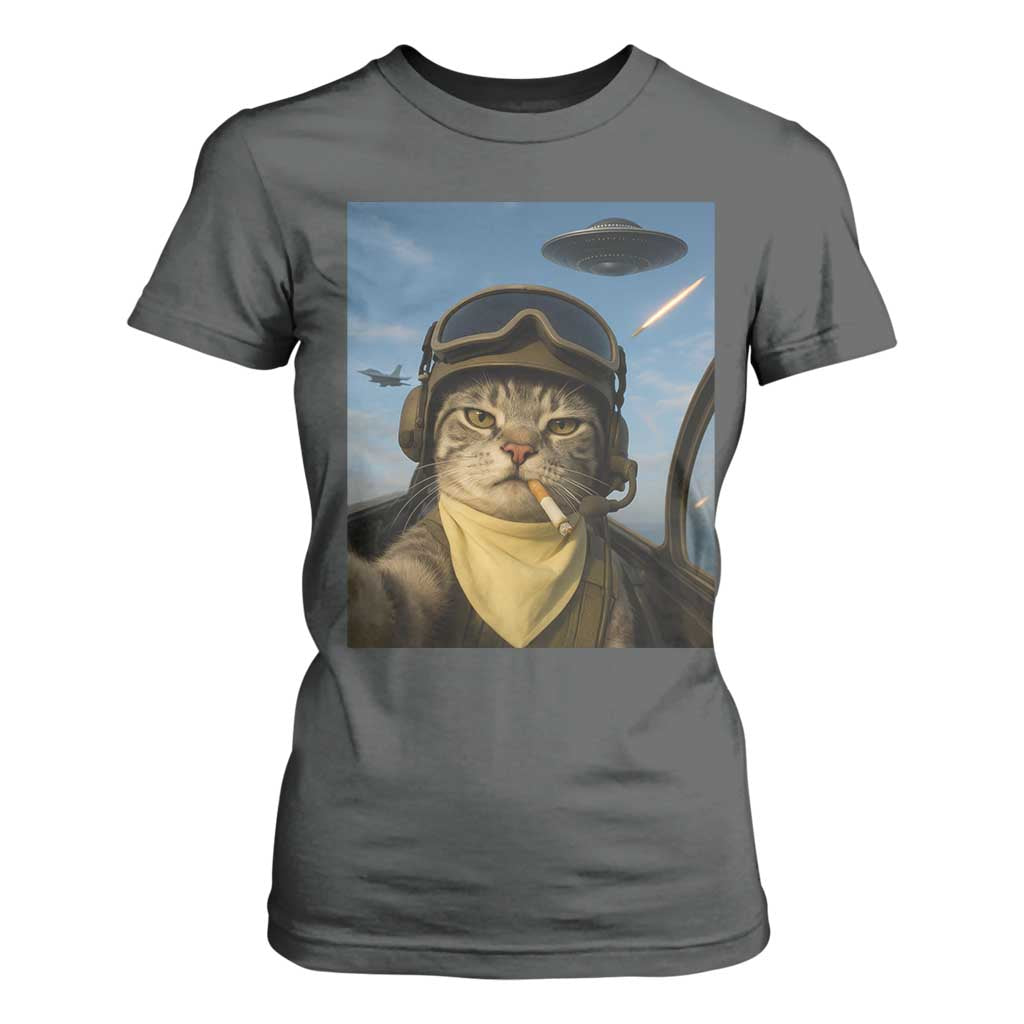 Cat Selfie With Alien UFO T Shirt For Women Retro Space Sci-Fi Cat Pilot TS10 Dark Heather Print Your Wear