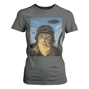 Cat Selfie With Alien UFO T Shirt For Women Retro Space Sci-Fi Cat Pilot TS10 Dark Heather Print Your Wear
