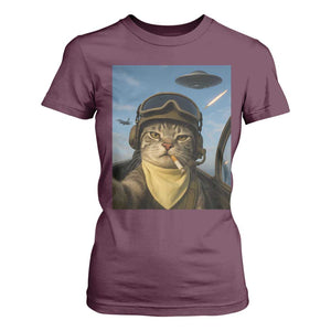 Cat Selfie With Alien UFO T Shirt For Women Retro Space Sci-Fi Cat Pilot TS10 Maroon Print Your Wear