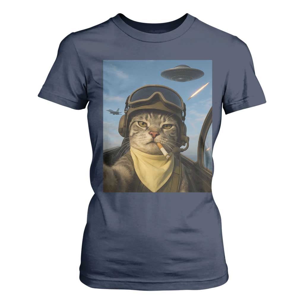 Cat Selfie With Alien UFO T Shirt For Women Retro Space Sci-Fi Cat Pilot TS10 Navy Print Your Wear