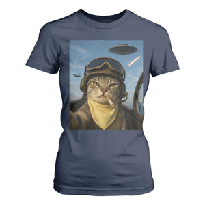 Cat Selfie With Alien UFO T Shirt For Women Retro Space Sci-Fi Cat Pilot TS10 Navy Print Your Wear