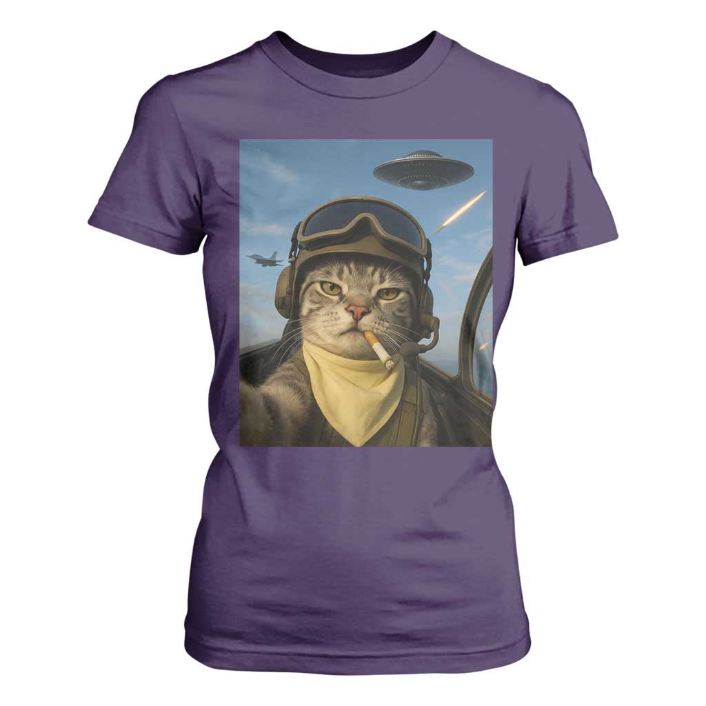 Cat Selfie With Alien UFO T Shirt For Women Retro Space Sci-Fi Cat Pilot TS10 Purple Print Your Wear