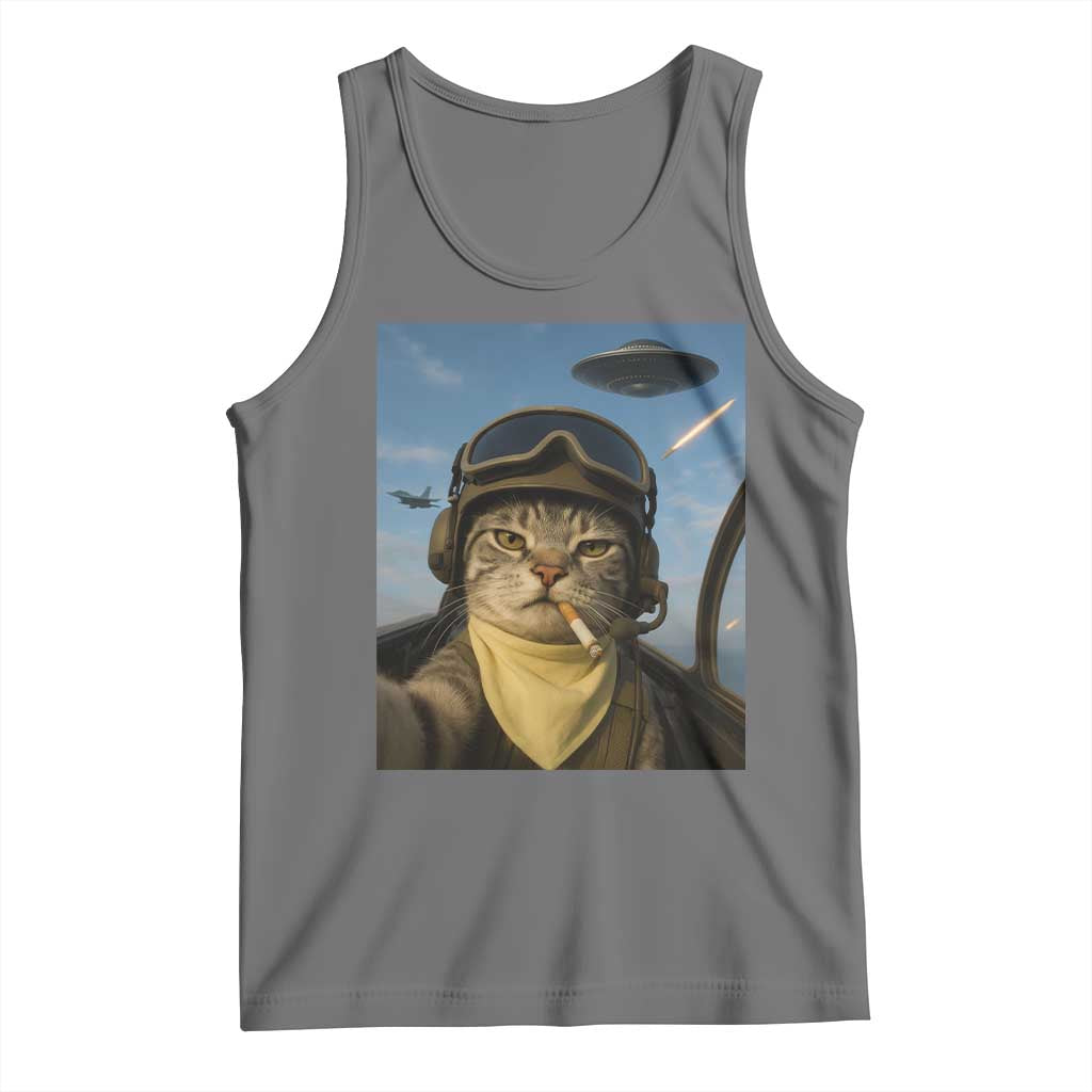 Cat Selfie With Alien UFO Tank Top Retro Space Sci-Fi Cat Pilot TS10 Black Heather Print Your Wear