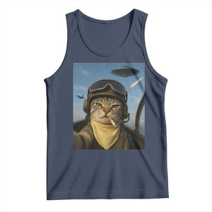 Cat Selfie With Alien UFO Tank Top Retro Space Sci-Fi Cat Pilot TS10 Navy Print Your Wear