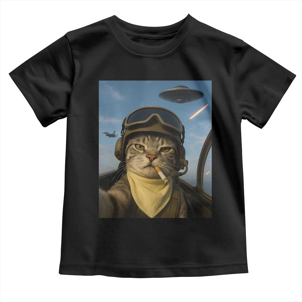 Cat Selfie With Alien UFO Toddler T Shirt Retro Space Sci-Fi Cat Pilot TS10 Black Print Your Wear