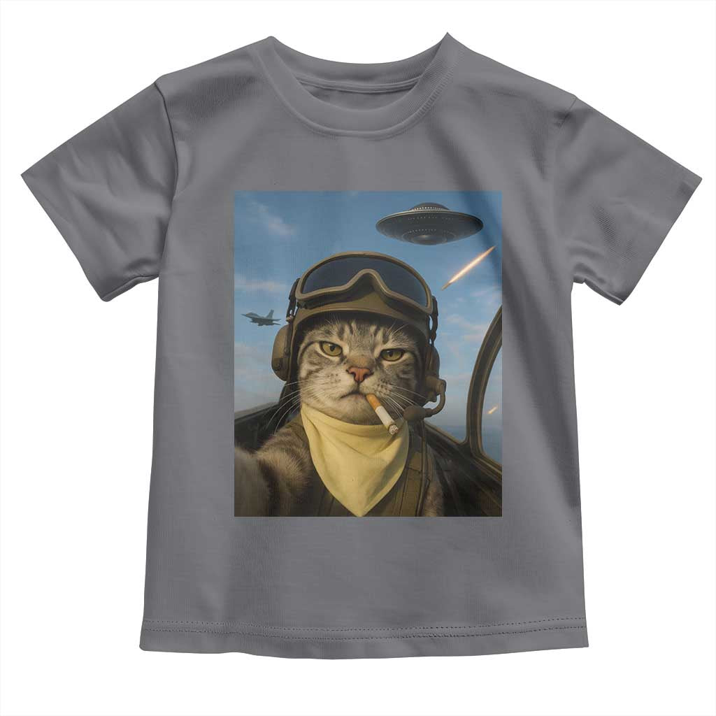 Cat Selfie With Alien UFO Toddler T Shirt Retro Space Sci-Fi Cat Pilot TS10 Charcoal Print Your Wear