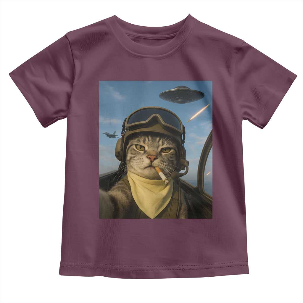 Cat Selfie With Alien UFO Toddler T Shirt Retro Space Sci-Fi Cat Pilot TS10 Maroon Print Your Wear