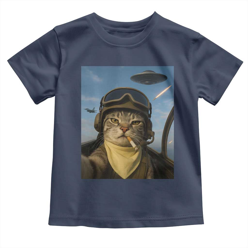 Cat Selfie With Alien UFO Toddler T Shirt Retro Space Sci-Fi Cat Pilot TS10 Navy Print Your Wear