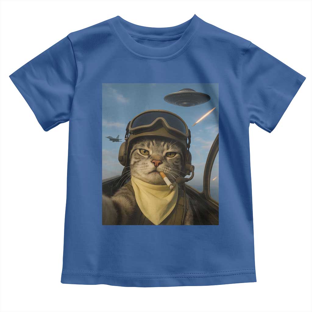 Cat Selfie With Alien UFO Toddler T Shirt Retro Space Sci-Fi Cat Pilot TS10 Royal Blue Print Your Wear