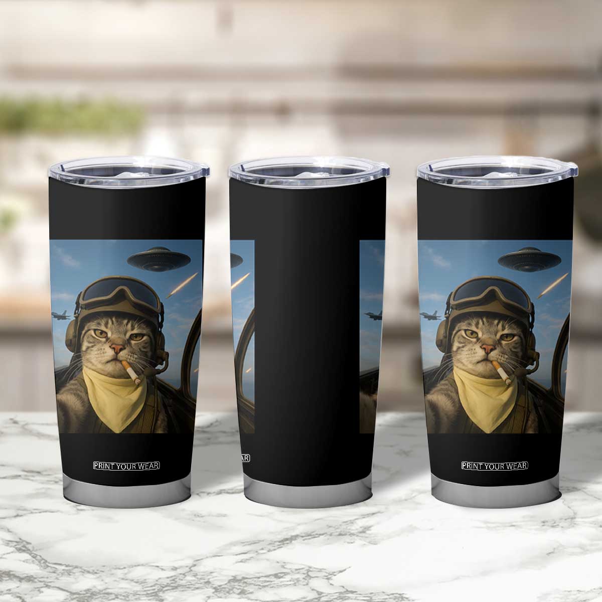 Cat Selfie With Alien UFO Tumbler Cup Retro Space Sci-Fi Cat Pilot TS10 Print Your Wear
