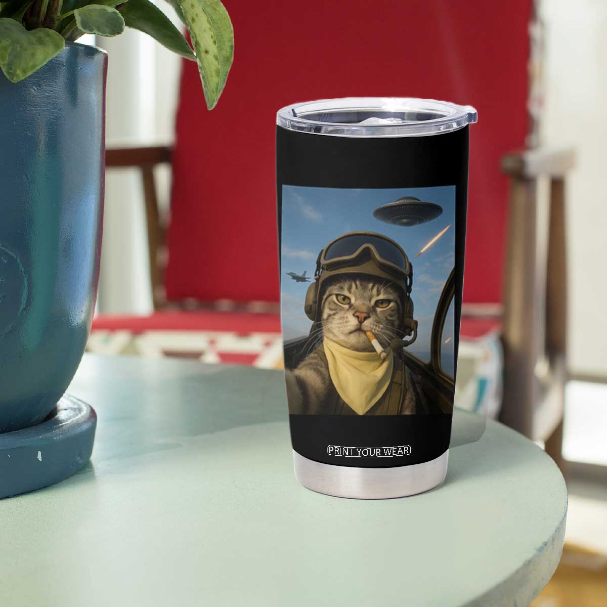 Cat Selfie With Alien UFO Tumbler Cup Retro Space Sci-Fi Cat Pilot TS10 Print Your Wear