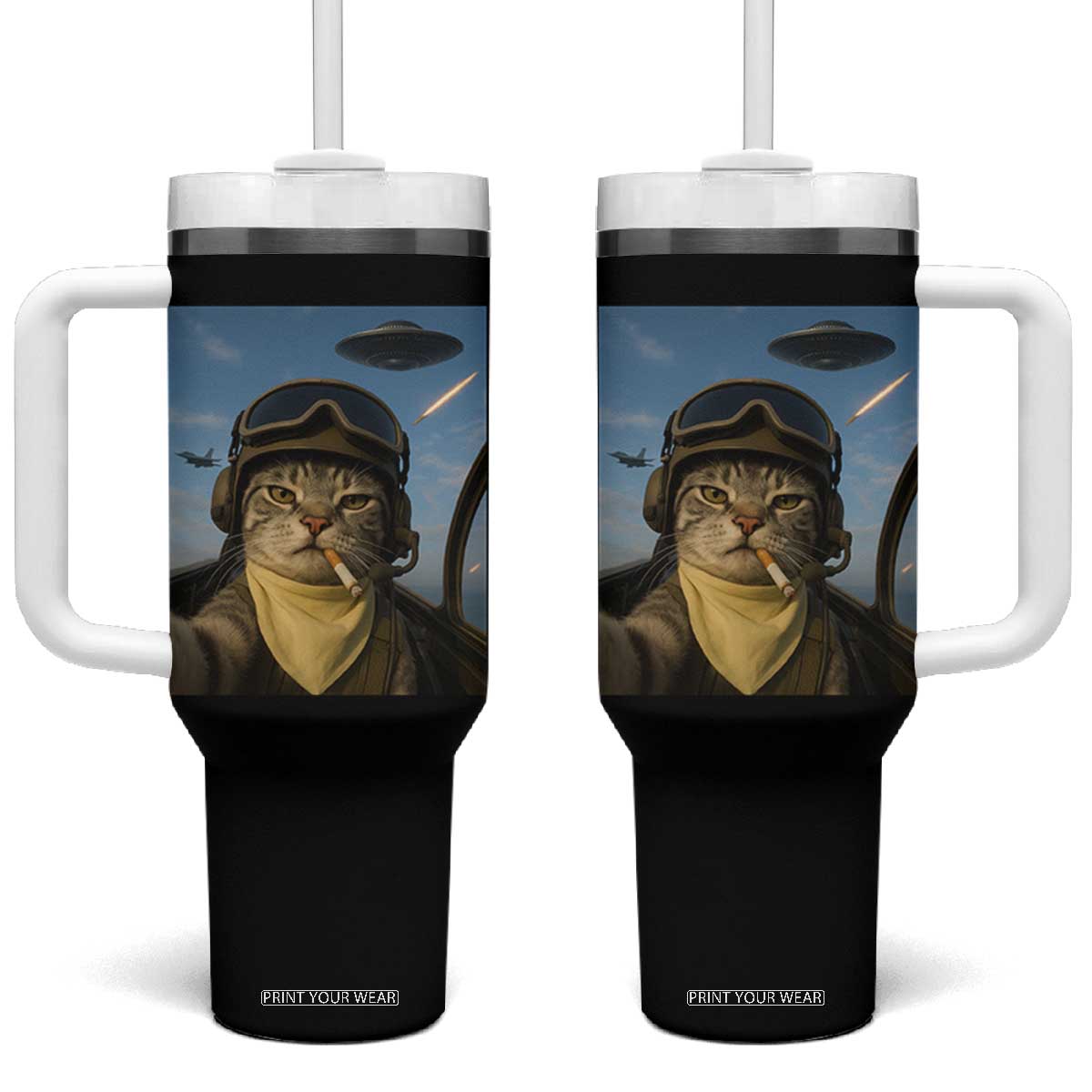 Cat Selfie With Alien UFO Tumbler With Handle Retro Space Sci-Fi Cat Pilot TS10 One Size: 40 oz Black Print Your Wear