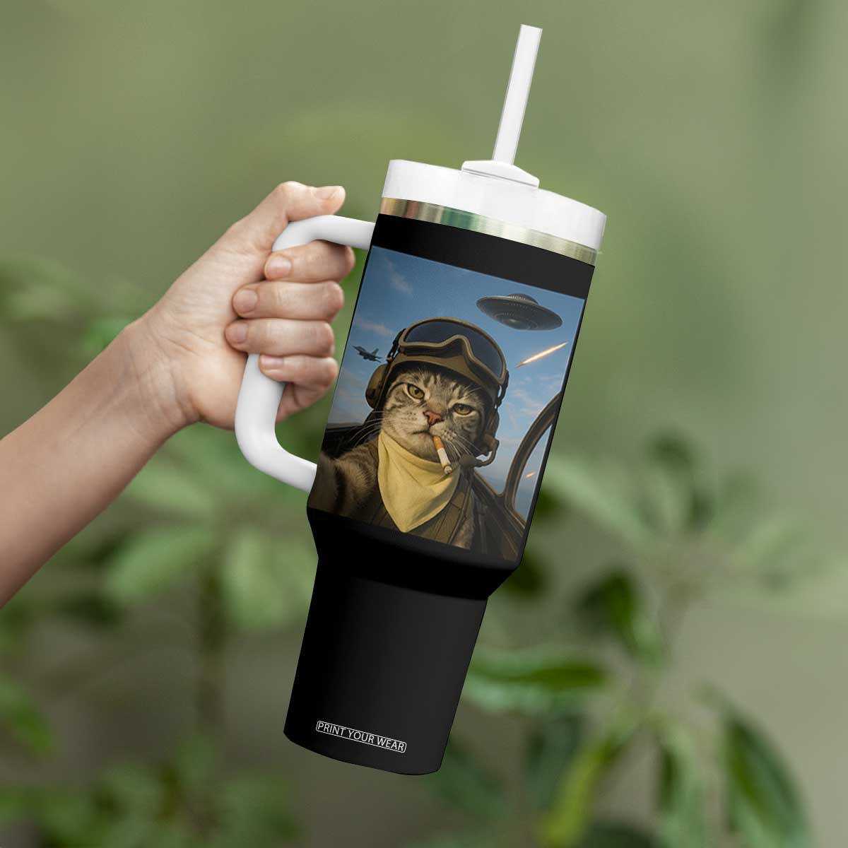 Cat Selfie With Alien UFO Tumbler With Handle Retro Space Sci-Fi Cat Pilot TS10 Print Your Wear