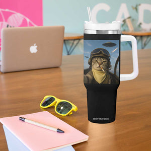 Cat Selfie With Alien UFO Tumbler With Handle Retro Space Sci-Fi Cat Pilot TS10 Print Your Wear