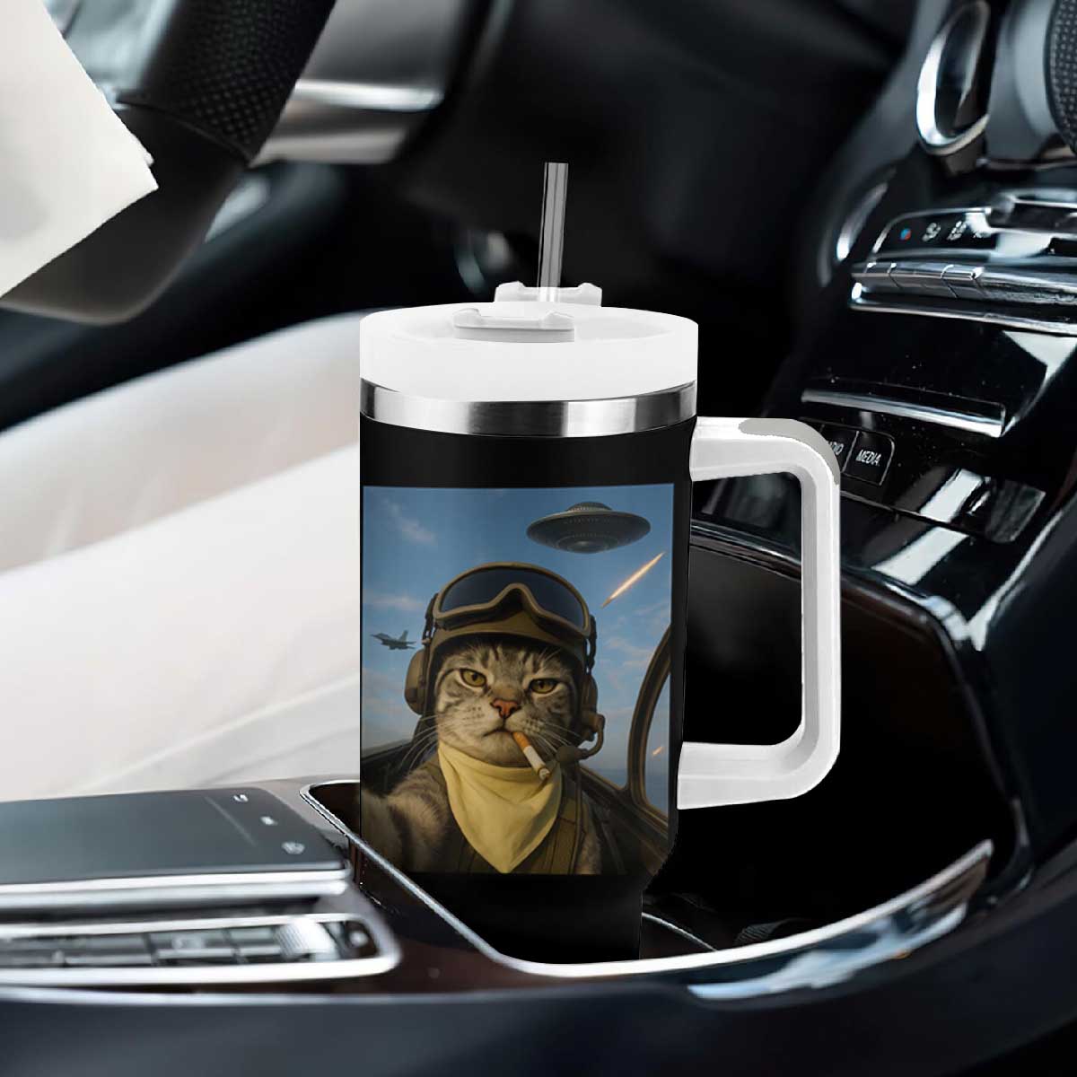 Cat Selfie With Alien UFO Tumbler With Handle Retro Space Sci-Fi Cat Pilot TS10 Print Your Wear