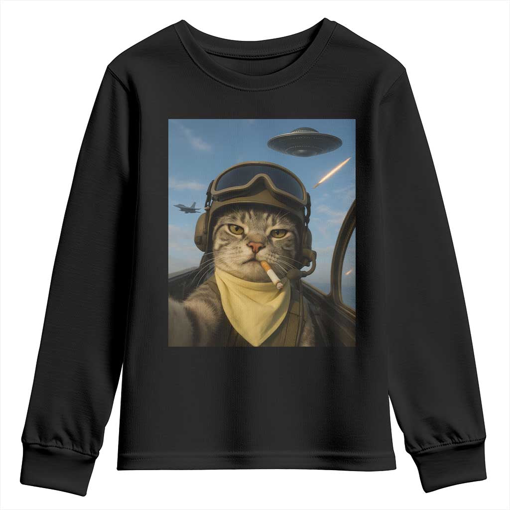 Cat Selfie With Alien UFO Youth Sweatshirt Retro Space Sci-Fi Cat Pilot TS10 Black Print Your Wear