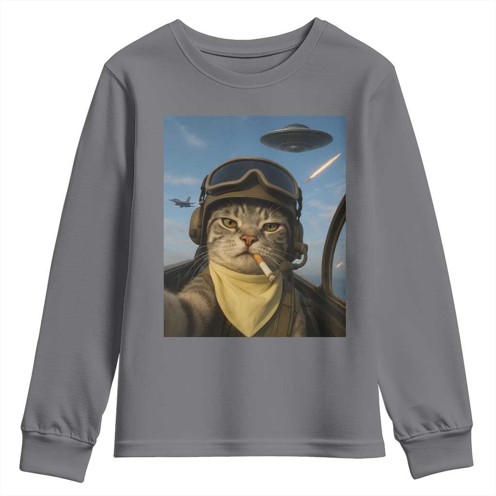 Cat Selfie With Alien UFO Youth Sweatshirt Retro Space Sci-Fi Cat Pilot TS10 Charcoal Print Your Wear