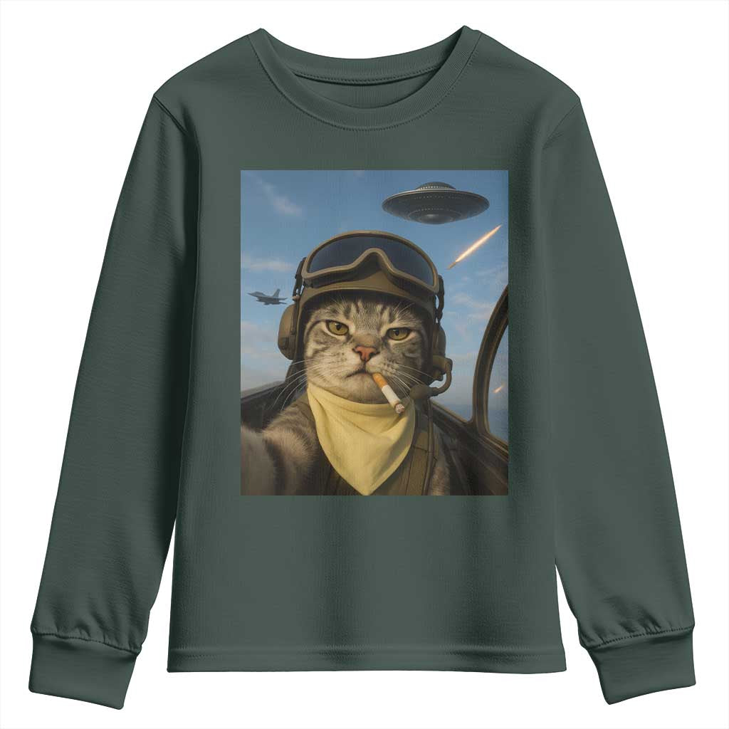 Cat Selfie With Alien UFO Youth Sweatshirt Retro Space Sci-Fi Cat Pilot TS10 Dark Forest Green Print Your Wear