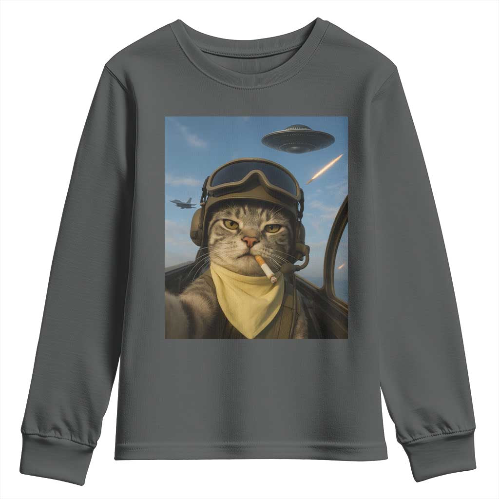 Cat Selfie With Alien UFO Youth Sweatshirt Retro Space Sci-Fi Cat Pilot TS10 Dark Heather Print Your Wear