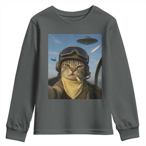 Cat Selfie With Alien UFO Youth Sweatshirt Retro Space Sci-Fi Cat Pilot TS10 Dark Heather Print Your Wear