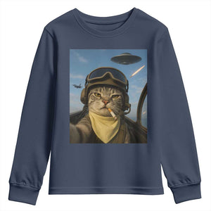 Cat Selfie With Alien UFO Youth Sweatshirt Retro Space Sci-Fi Cat Pilot TS10 Navy Print Your Wear