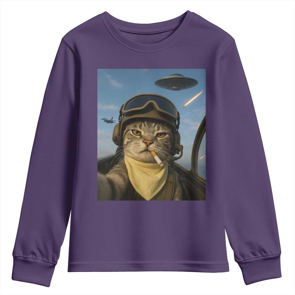 Cat Selfie With Alien UFO Youth Sweatshirt Retro Space Sci-Fi Cat Pilot TS10 Purple Print Your Wear