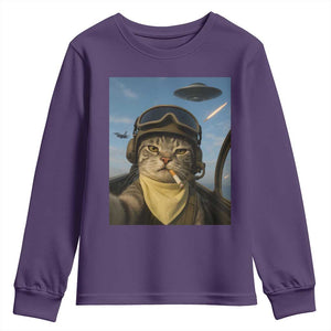 Cat Selfie With Alien UFO Youth Sweatshirt Retro Space Sci-Fi Cat Pilot TS10 Purple Print Your Wear