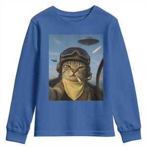 Cat Selfie With Alien UFO Youth Sweatshirt Retro Space Sci-Fi Cat Pilot TS10 Royal Blue Print Your Wear