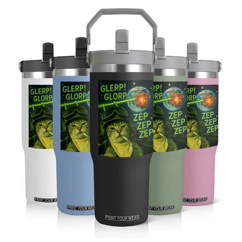 Funny UFO Alien Cat Selfie Flip Straw Tumbler Retro Space Sci-Fi Cat Pilot TS10 Print Your Wear