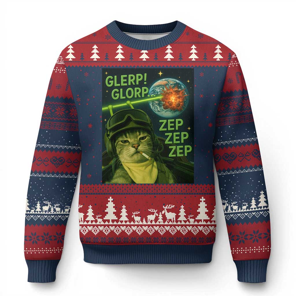 Funny UFO Alien Cat Selfie Ugly Christmas Sweater Retro Space Sci-Fi Cat Pilot TS10 Navy Red Print Your Wear