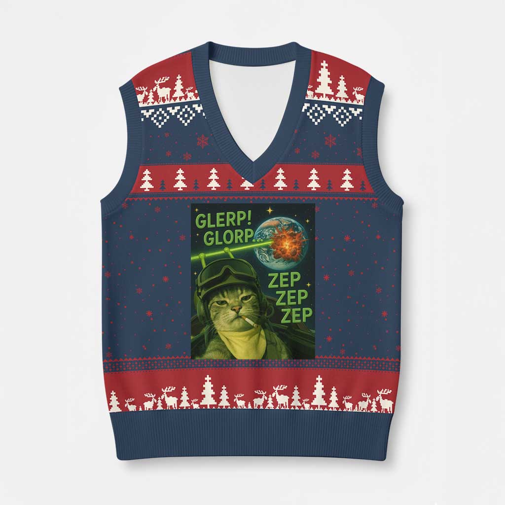 Funny UFO Alien Cat Selfie V-Neck Knit Sweater Vest Retro Space Sci-Fi Cat Pilot TS10 Navy Red Print Your Wear