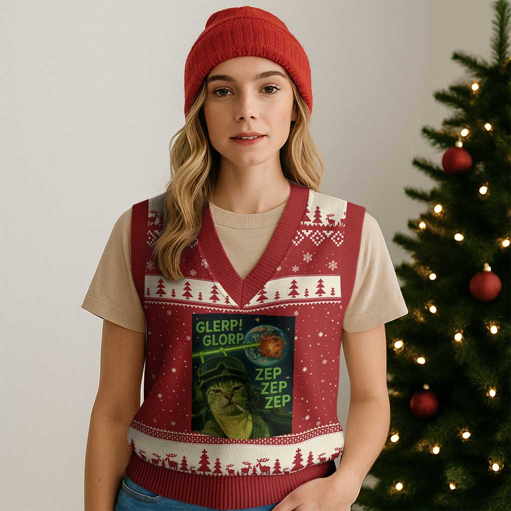 Funny UFO Alien Cat Selfie V-Neck Knit Sweater Vest Retro Space Sci-Fi Cat Pilot TS10 Red Beige Print Your Wear