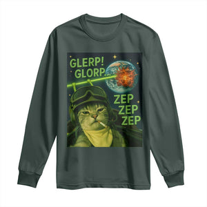 Funny UFO Alien Cat Selfie Long Sleeve Shirt Retro Space Sci-Fi Cat Pilot TS10 Dark Forest Green Print Your Wear