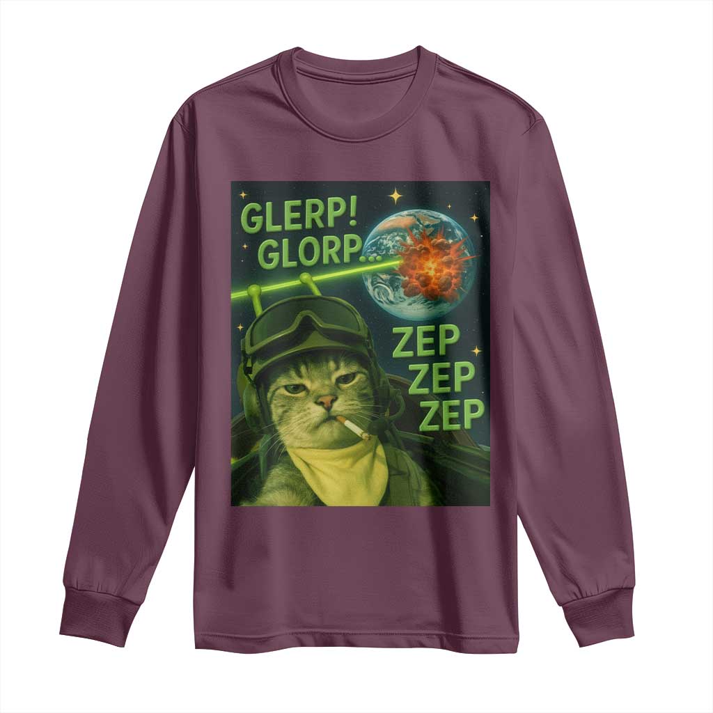 Funny UFO Alien Cat Selfie Long Sleeve Shirt Retro Space Sci-Fi Cat Pilot TS10 Maroon Print Your Wear