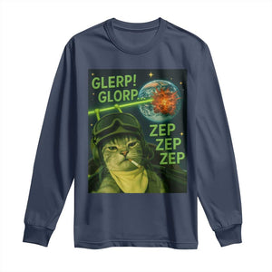 Funny UFO Alien Cat Selfie Long Sleeve Shirt Retro Space Sci-Fi Cat Pilot TS10 Navy Print Your Wear