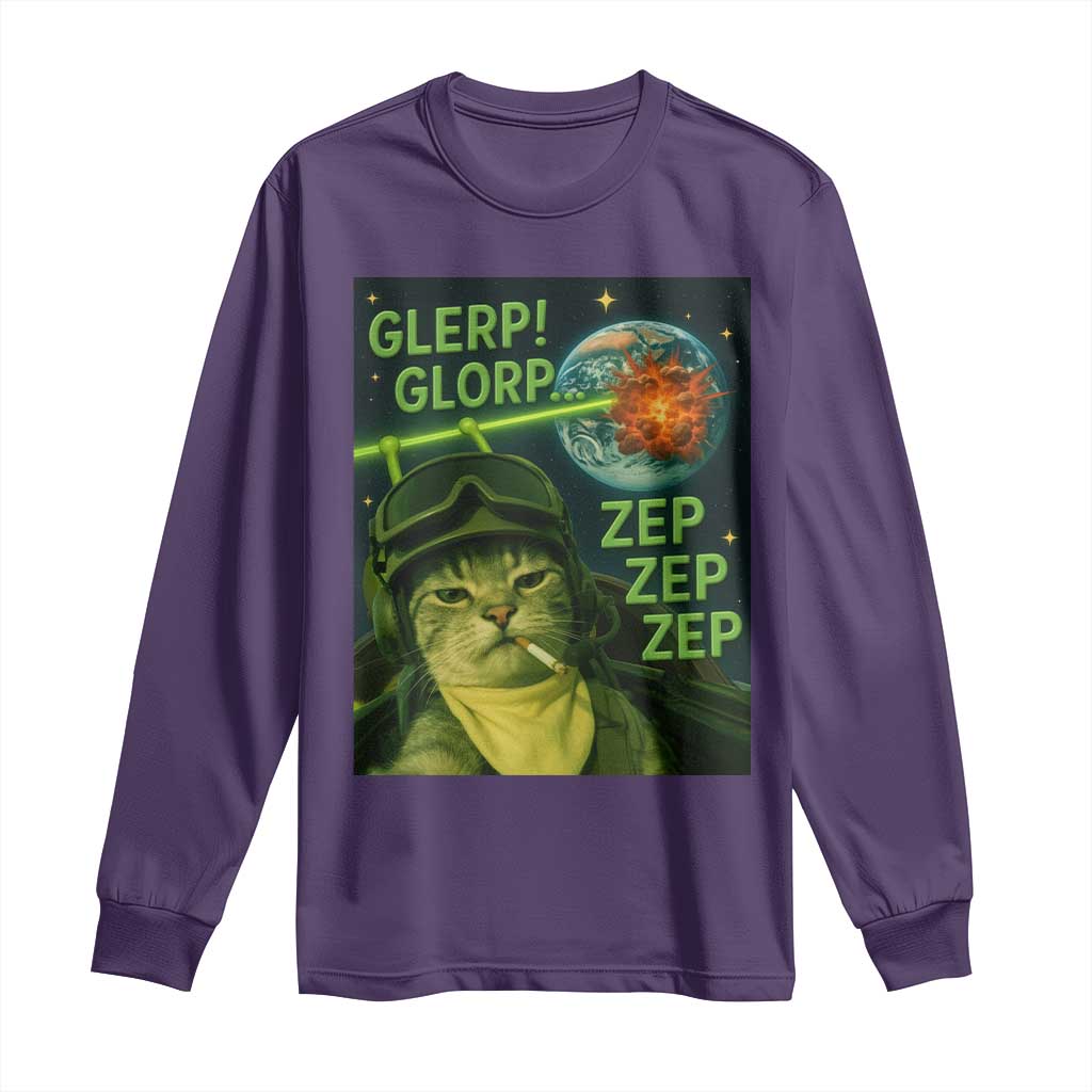 Funny UFO Alien Cat Selfie Long Sleeve Shirt Retro Space Sci-Fi Cat Pilot TS10 Purple Print Your Wear