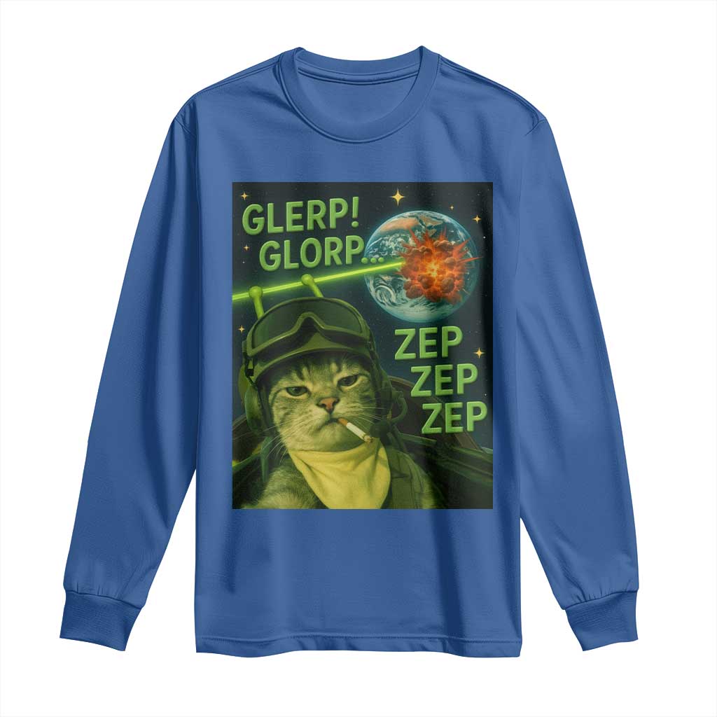 Funny UFO Alien Cat Selfie Long Sleeve Shirt Retro Space Sci-Fi Cat Pilot TS10 Royal Blue Print Your Wear