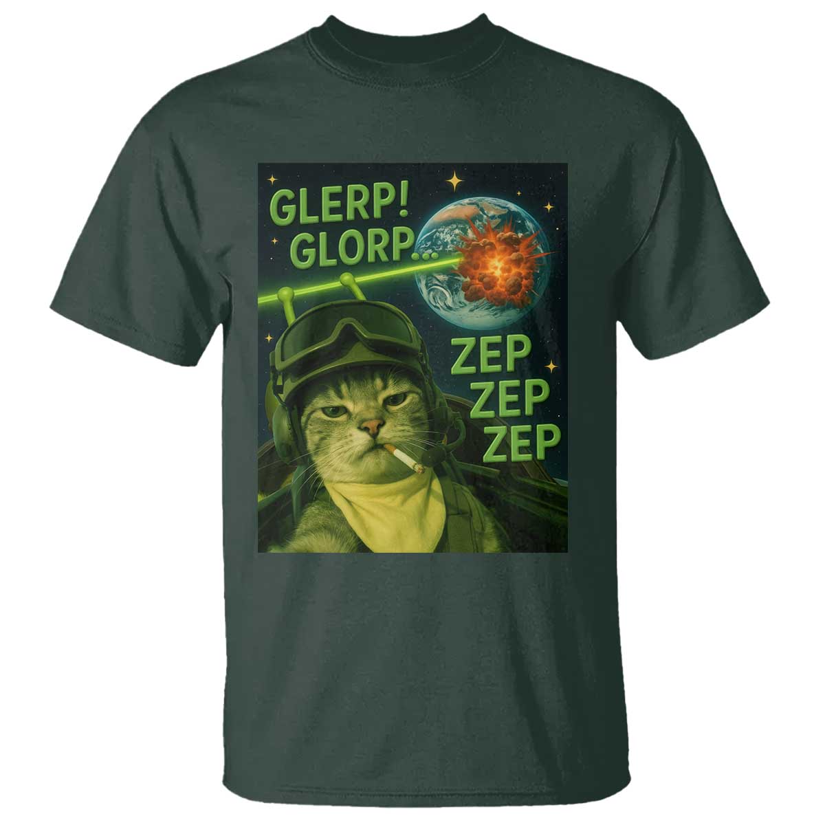 Funny UFO Alien Cat Selfie T Shirt Retro Space Sci-Fi Cat Pilot TS10 Dark Forest Green Print Your Wear