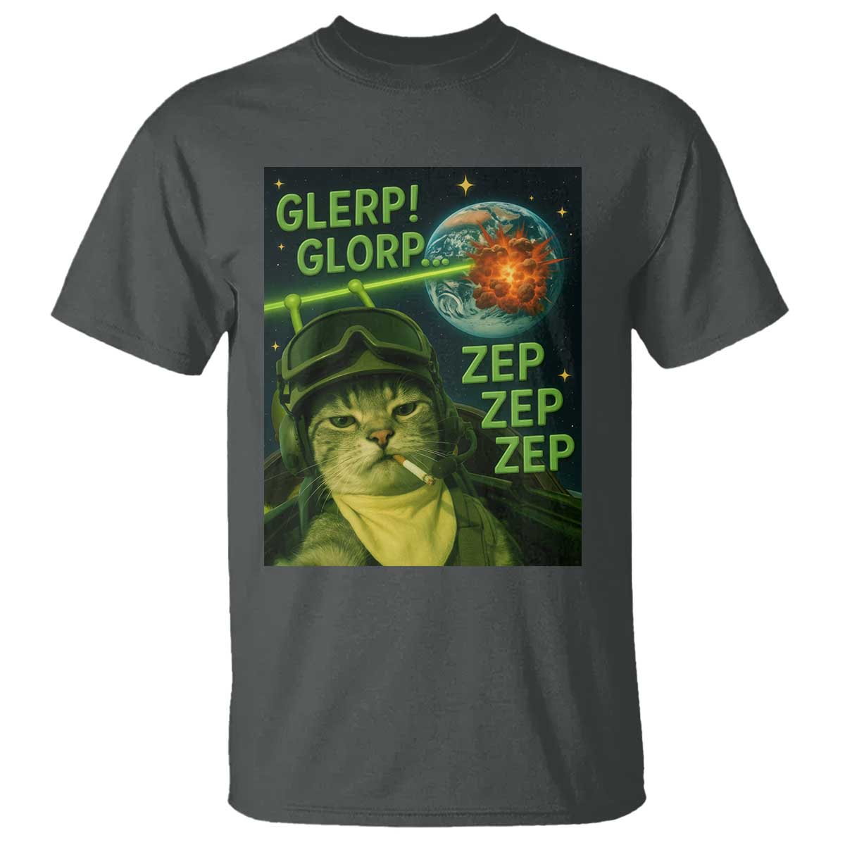 Funny UFO Alien Cat Selfie T Shirt Retro Space Sci-Fi Cat Pilot TS10 Dark Heather Print Your Wear