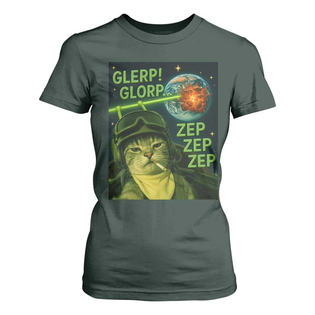 Funny UFO Alien Cat Selfie T Shirt For Women Retro Space Sci-Fi Cat Pilot TS10 Dark Forest Green Print Your Wear