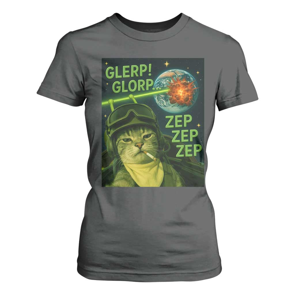 Funny UFO Alien Cat Selfie T Shirt For Women Retro Space Sci-Fi Cat Pilot TS10 Dark Heather Print Your Wear