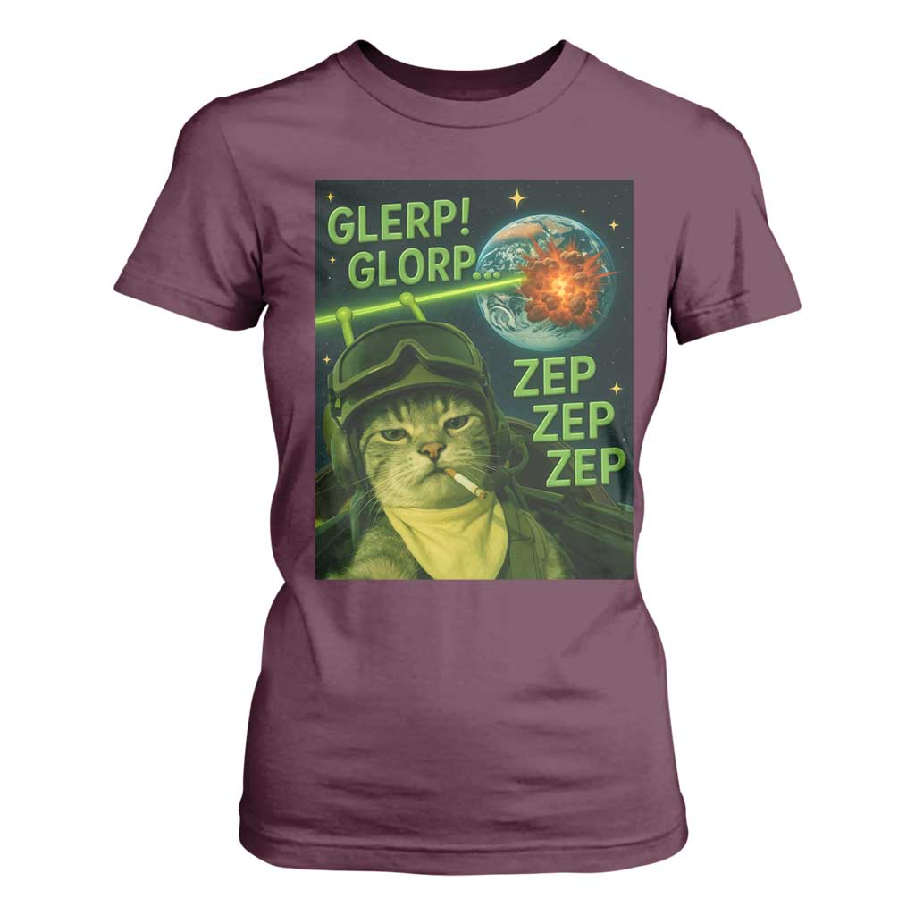 Funny UFO Alien Cat Selfie T Shirt For Women Retro Space Sci-Fi Cat Pilot TS10 Maroon Print Your Wear