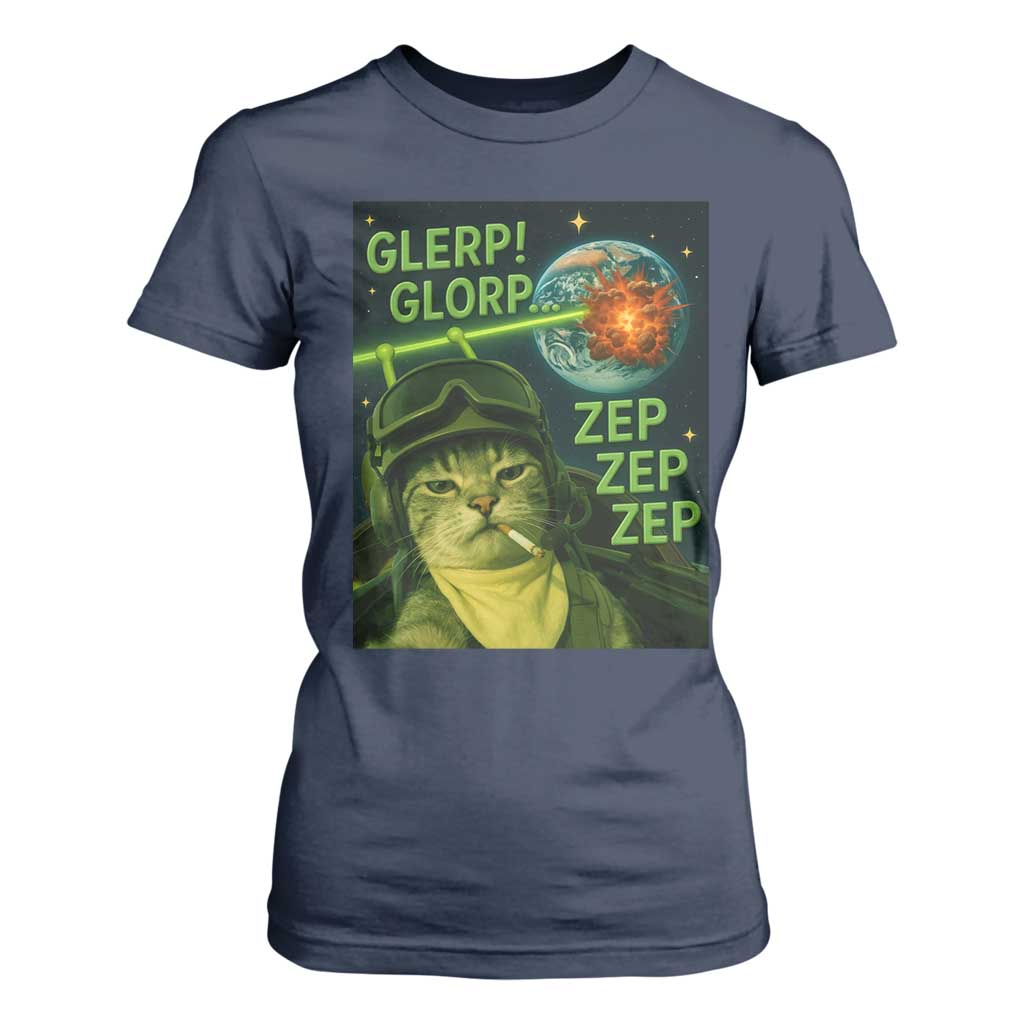 Funny UFO Alien Cat Selfie T Shirt For Women Retro Space Sci-Fi Cat Pilot TS10 Navy Print Your Wear