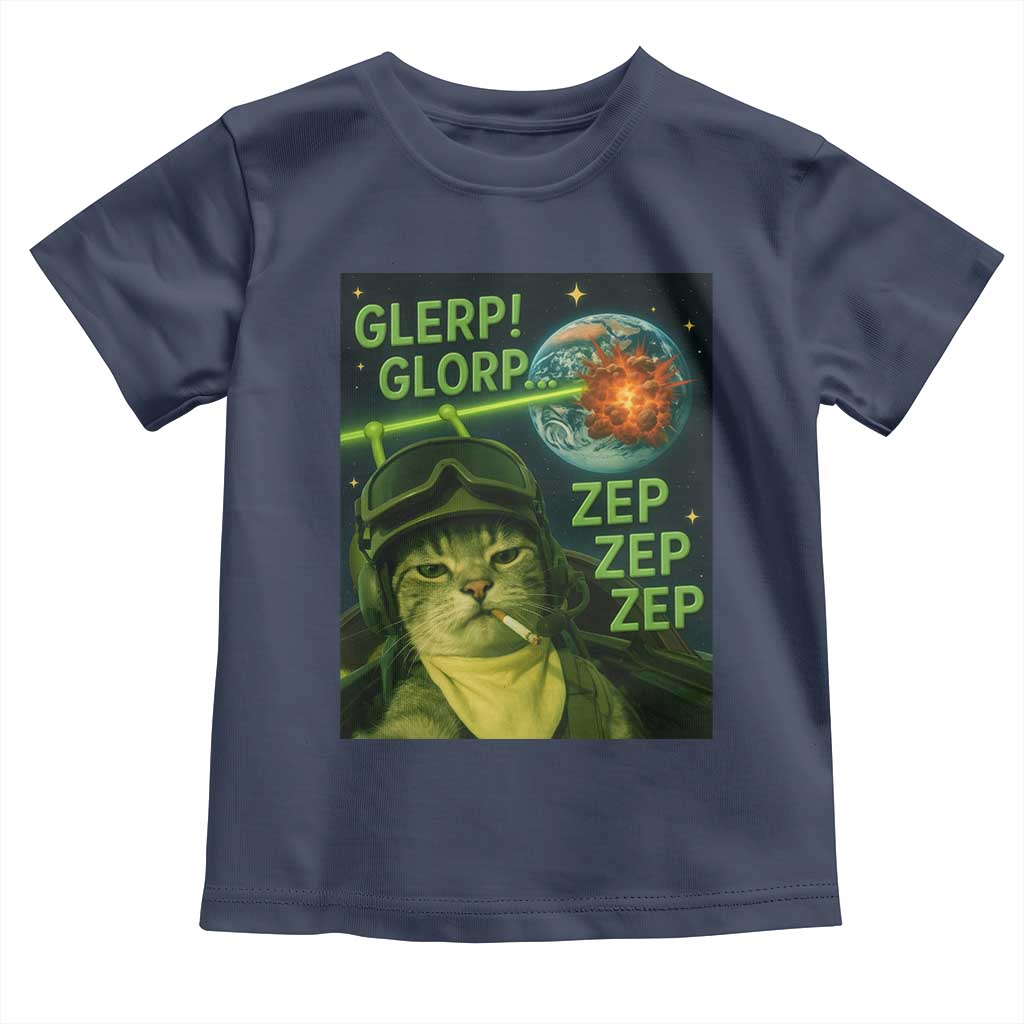 Funny UFO Alien Cat Selfie Toddler T Shirt Retro Space Sci-Fi Cat Pilot TS10 Navy Print Your Wear