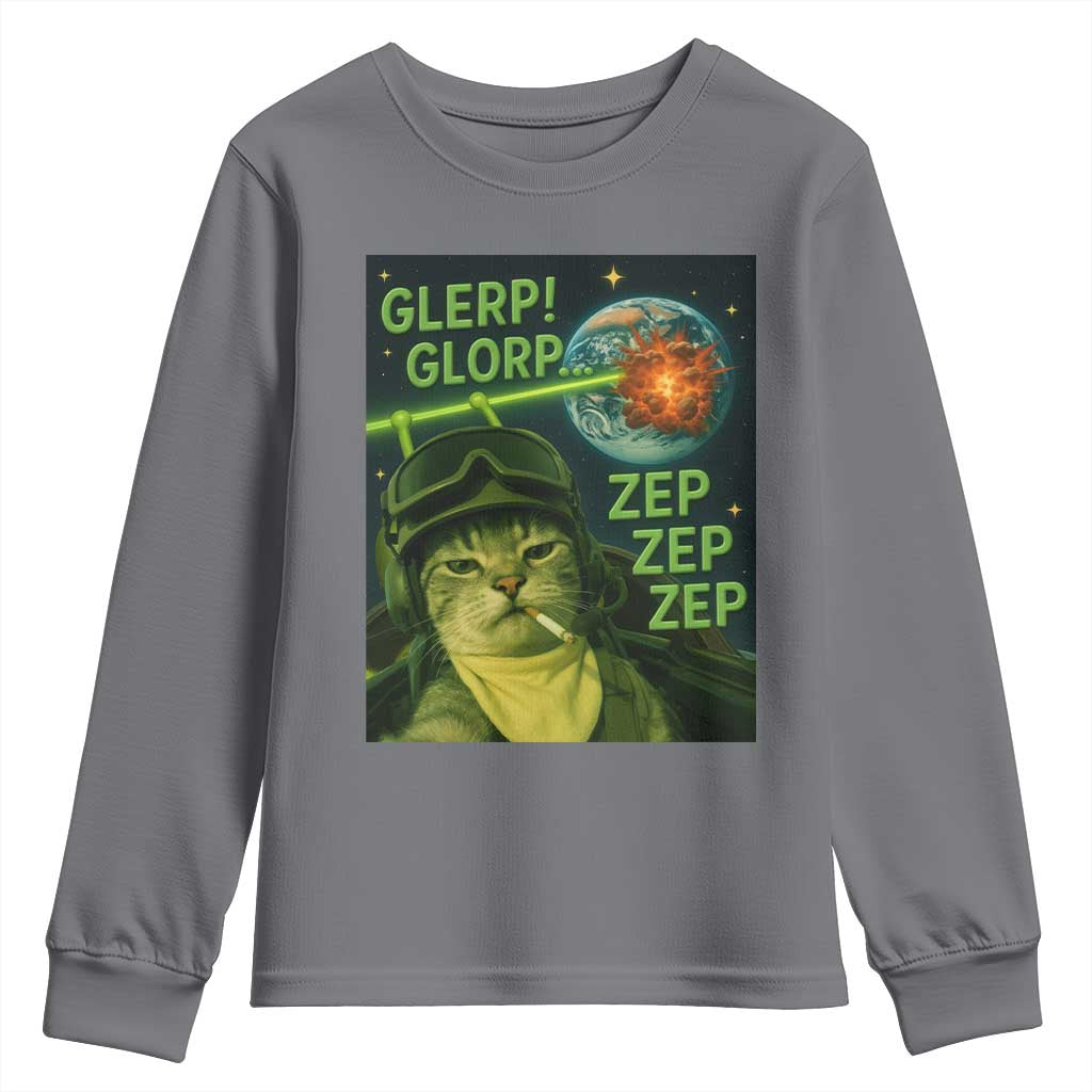 Funny UFO Alien Cat Selfie Youth Sweatshirt Retro Space Sci-Fi Cat Pilot TS10 Charcoal Print Your Wear