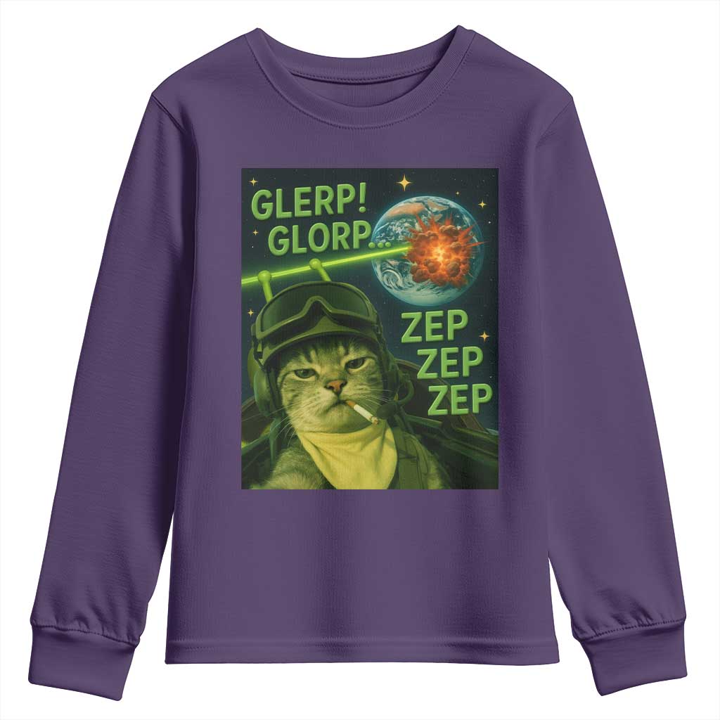 Funny UFO Alien Cat Selfie Youth Sweatshirt Retro Space Sci-Fi Cat Pilot TS10 Purple Print Your Wear