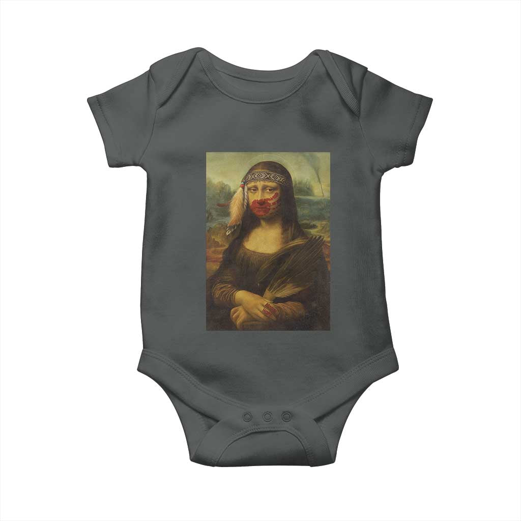 MMIW Awareness Baby Onesie Mona Lisa Red Handprint Indigenous Woman Stop Stolen Sisters TS10 Dark Heather Print Your Wear